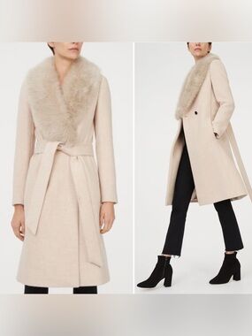 Club Monaco LENORIA Wool Coat Belted Faux Fur Collar Cream MEDIUM- NWOT $470